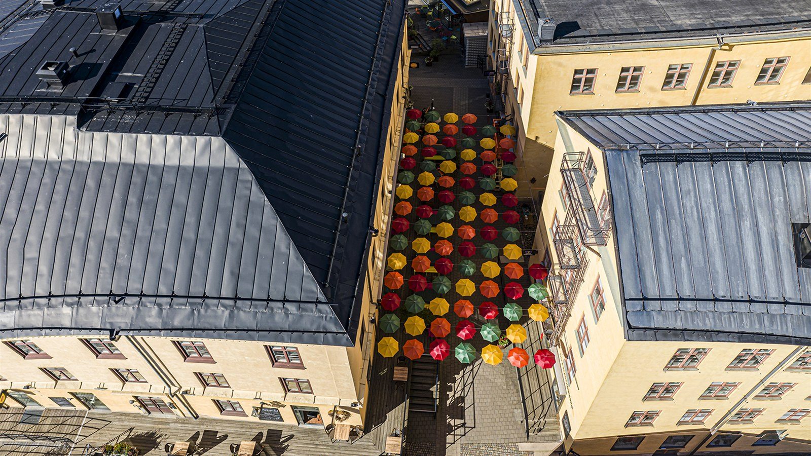 Knäppingsborg in Norrköping with coloured umbrellas
