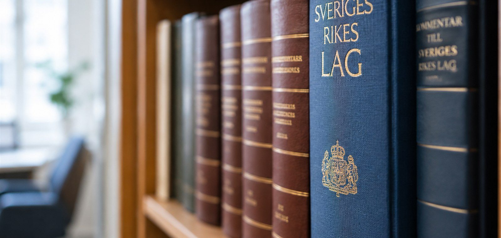 Lagböcker i bokhylla.
